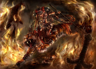 Картинка фэнтези красавицы чудовища тигр огонь девушка