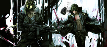 обоя аниме, weapon, blood, technology, война, мужчины, маска, оружие, кровь, меч, форма