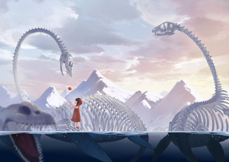 Картинка аниме животные +существа скелеты горы динозавры девочка tetsuhiko арт океан яблоко