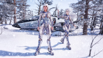Картинка 3д+графика фантазия+ fantasy лес снег фон взгляд девушки
