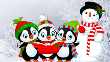 обоя праздничные, векторная графика , новый год, снеговик, пингвины
