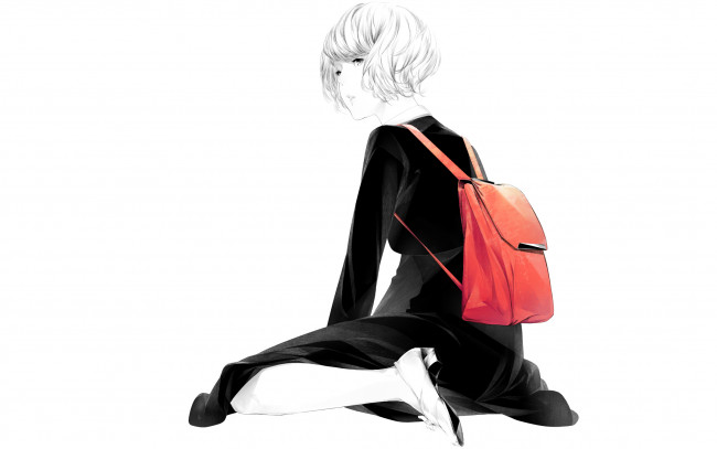 Обои картинки фото аниме, unknown,  другое, сидит, девушка, sawasawa, art, красный, рюкзак