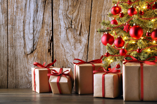 Обои картинки фото праздничные, подарки и коробочки, банты, подарки, шары, елка, ленты