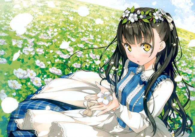 Обои картинки фото аниме, kantoku , artbook, арт, девочка, луг, цветы