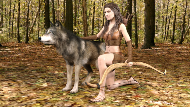 Обои картинки фото 3д графика, люди и животные , people and animals, девушка, взгляд, фон, волк
