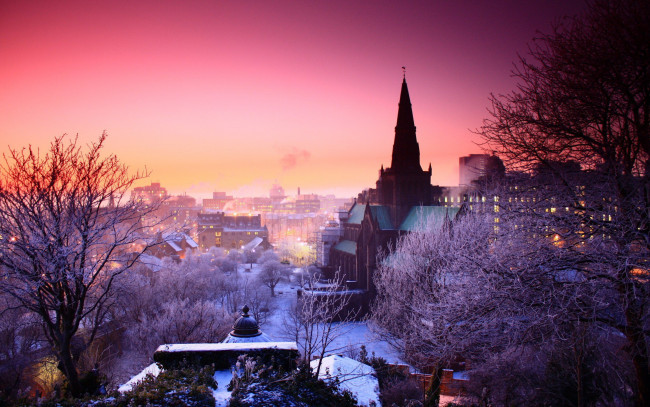 Обои картинки фото города, - панорамы, вечер, огни, деревья, снег, здания, дома, город, зима, панорама