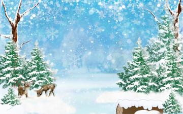 обоя векторная графика, животные , animals, деревья, снежинки, блики, боке, олени, лес, сугробы, снег, арт, зима