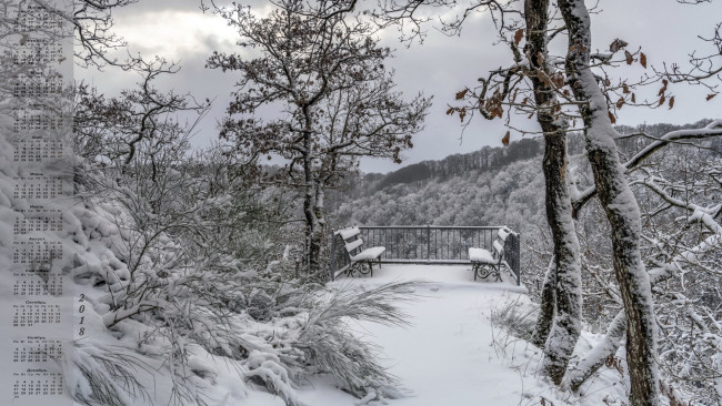 Обои картинки фото календари, природа, деревья, снег, скамейка, 2018