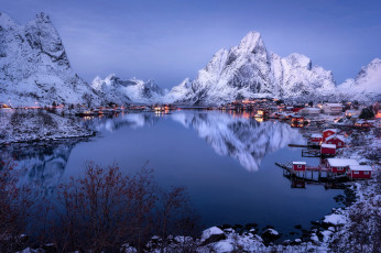обоя города, лофотенские острова , норвегия, горы, фьорд, дома, снег