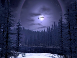 Картинка праздничные 3д+графика+ новый+год санта-клаус олени полет лес снег река