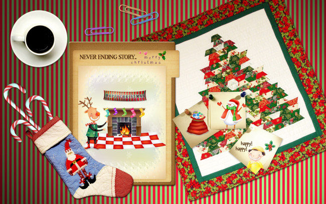 Обои картинки фото праздничные, - разное , новый год, открытки, кофе, скрепки, носок, конфеты
