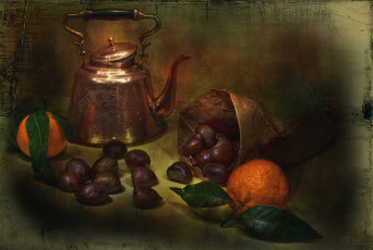 Картинка еда натюрморт каштаны мандарины чайник текстура
