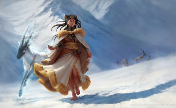 Картинка фэнтези девушки босая снег девушка горы козлы горные