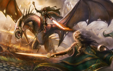Картинка фэнтези красавицы+и+чудовища меч битва девушка демон дракон воин