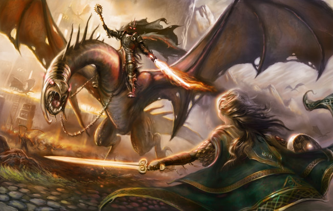 Обои картинки фото фэнтези, красавицы и чудовища, меч, битва, девушка, демон, дракон, воин