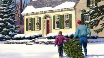 обоя праздничные, рисованные, семья, ёлка, снег, зима, дом, подготовка