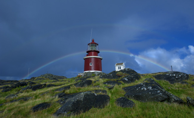 Обои картинки фото природа, радуга, маяк, побережье