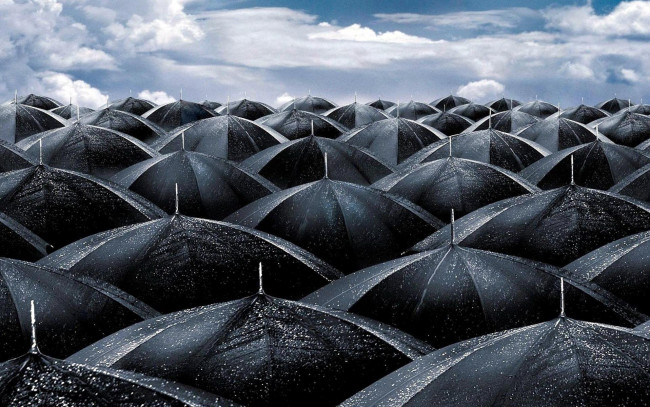 Обои картинки фото разное, сумки,  кошельки,  зонты, облака, небо, мокрые, черные, зонты