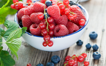 Картинка еда фрукты +ягоды ягоды стол клубника смородина черника малина листья миска