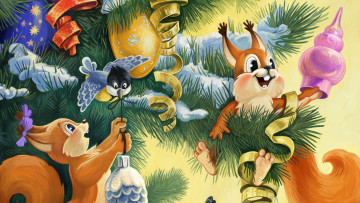 Картинка праздничные рисованные шишка новый год дождик игрушки белочки елка синичка советские открытки