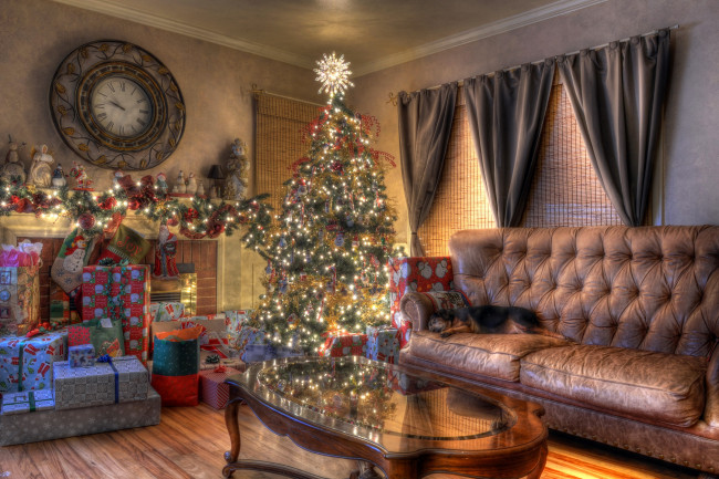 Обои картинки фото праздничные, Ёлки, собака, гостиная, елка, новый, год, диван, праздник, подарки, гирлянда, часы, рождество