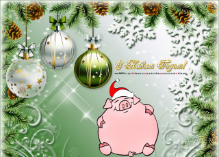 Картинка календари праздники +салюты поросенок шапка свинья шар игрушка шишка