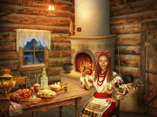 Картинка фэнтези фотоарт девушка фон взгляд изба еда стол вышиванка