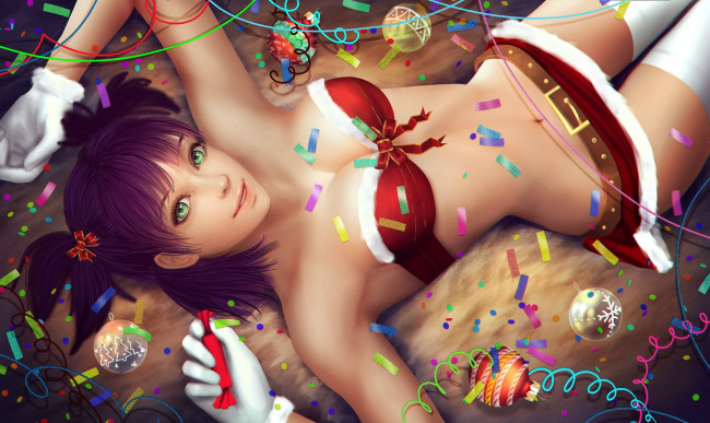 Обои картинки фото аниме, зима,  новый год,  рождество, девушка, конфетти, конфеты, украшения