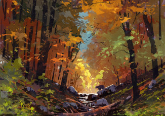 Картинка рисованное животные +медведи лес осень медведь ручей камни