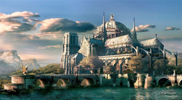 Картинка фэнтези иные+миры +иные+времена дворец мосты озеро