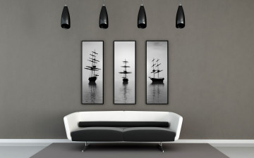 Картинка 3д графика realism реализм интерьер комната квартира дизайн стиль диван картины корабль