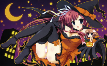 Картинка аниме halloween magic девушка ведьмочка платье шляпка