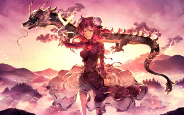 Картинка аниме touhou девушка дракон огненная птица