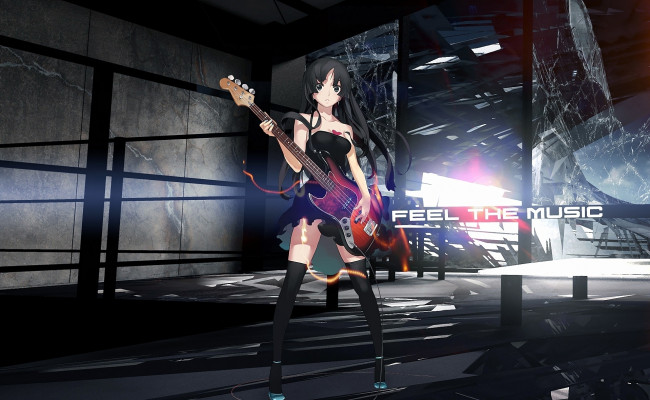 Обои картинки фото аниме, on, девушка, гитара, рендеринг, надпись, стекло
