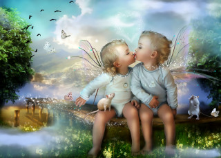 Картинка фэнтези фотоарт малыши поцелуй сказка