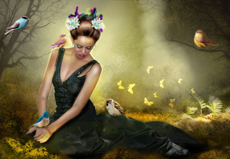 Картинка фэнтези фотоарт девушка птицы