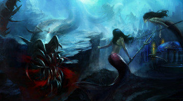 Картинка фэнтези русалки подводный мир сражение монстр чудовище