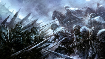 Картинка фэнтези люди сражение битва мечи воины всадники доспехи