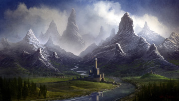 Картинка фэнтези замки лес река долина горы замок