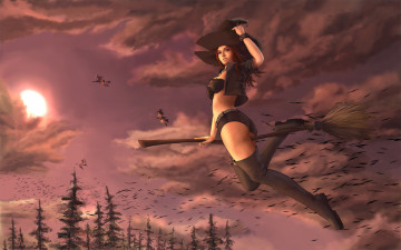 Картинка фэнтези маги +волшебники ведьмы полет лес девушка метла шляпа