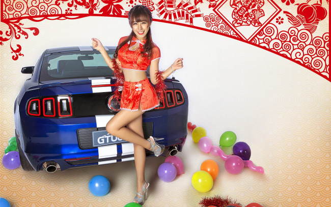 Обои картинки фото автомобили, авто с девушками, девушка, автомобиль, азиатка, улыбка, шары