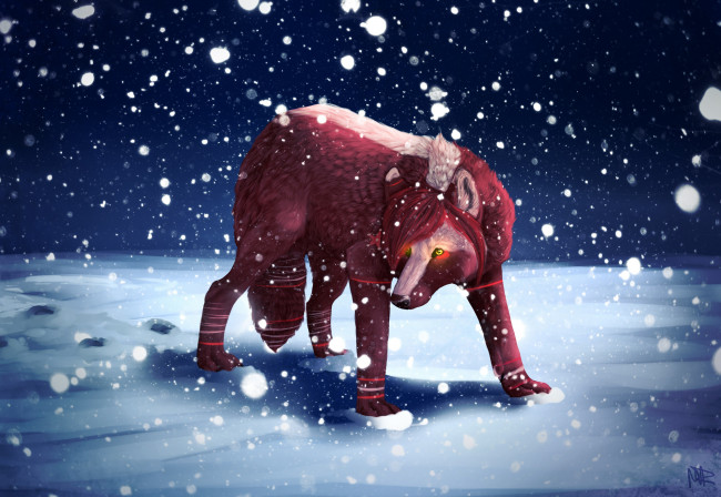Обои картинки фото рисованные, животные,  сказочные,  мифические, волк, снег