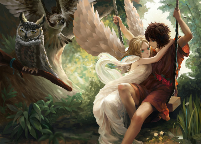 Обои картинки фото фэнтези, ангелы, лес, парень, ангел, совы, качели