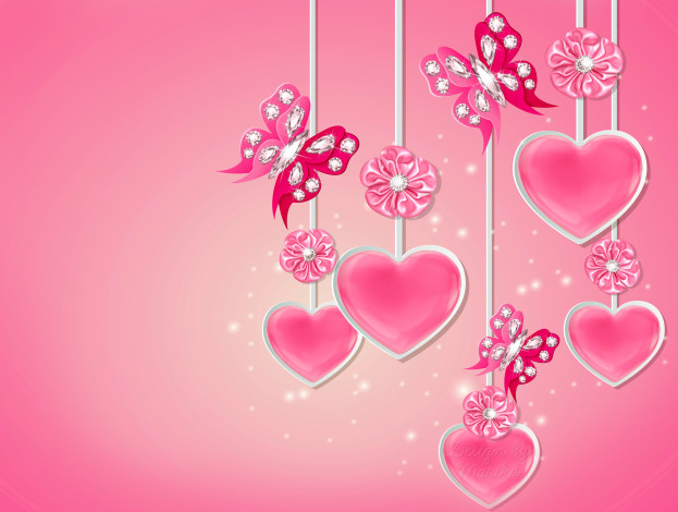 Обои картинки фото праздничные, день святого валентина,  сердечки,  любовь, бабочки, бриллианты, бант, сердце, butterflies, diamonds, romantic, heart, love, pink, design, by, marika