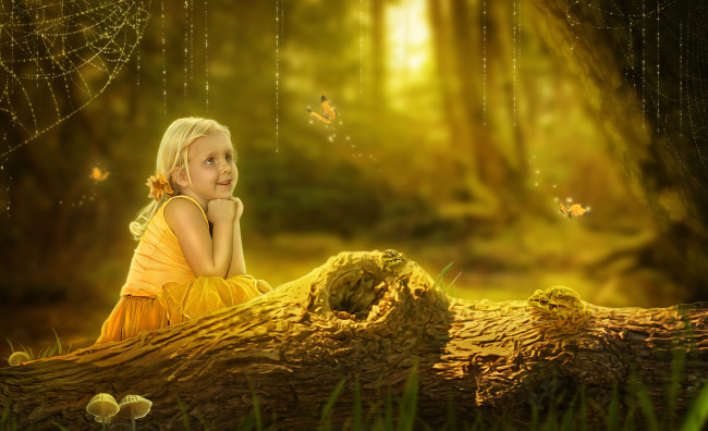 Обои картинки фото рисованное, дети, лягушка, паутинка, лето, девочка, бревно, бабочки, ствол, лес