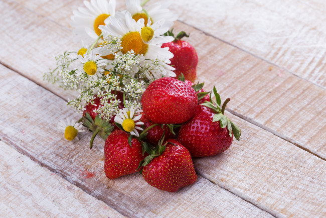 Обои картинки фото еда, клубника,  земляника, ягоды, ромашки
