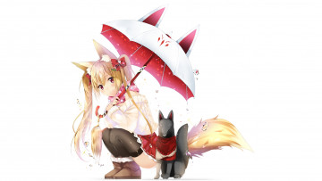 Картинка аниме животные +существа фон зонтик взгляд девушка