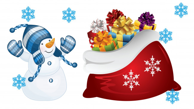 Обои картинки фото праздничные, векторная графика , новый год, радость, новый, год, мешок, настроение, детская, арт, праздник, подарки, снежинка, снеговик