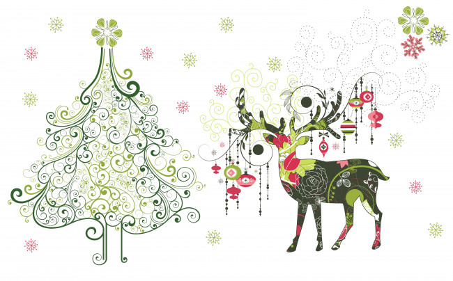 Обои картинки фото праздничные, векторная графика , новый год, олень, снежинки, игрушки, арт, праздник, ёлочка, вектор, минимализм