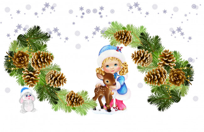 Обои картинки фото праздничные, векторная графика , новый год, снегурочка, малыши, веточка, детская, олень, снежинки, шишки, арт, зайчик, праздник, ёлочка